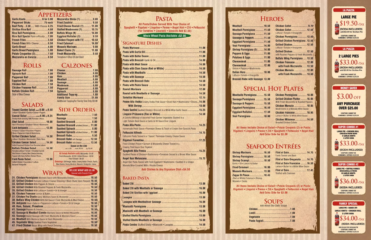 What is included in a meal at La Bella Pizza?