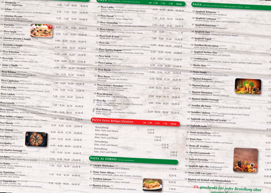 Wie viele Gerichte gibt es in der Pizzeria Berliner Platz?